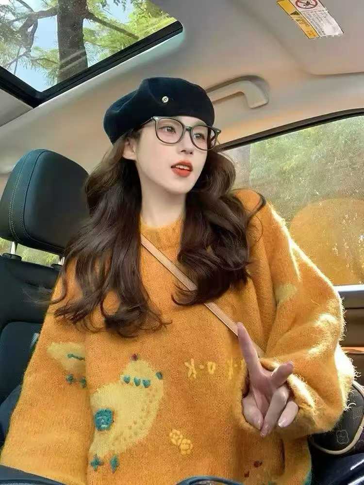 2025秋冬新款宽松慵懒感韩系套头针织衫休闲减龄卡通图案毛衣女