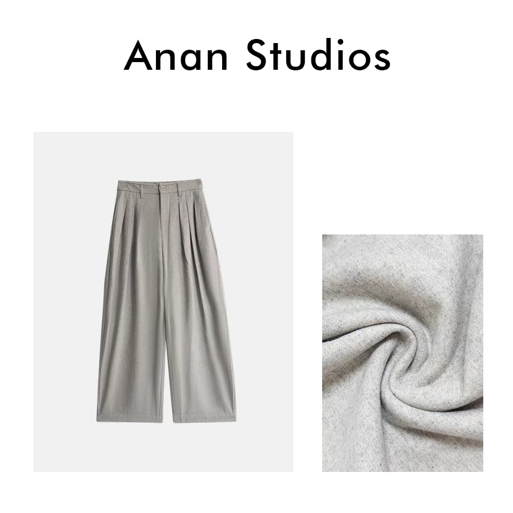 Anan Studios【松灰阔意】韩系高腰压褶设计毛呢宽松羊毛阔腿裤3109