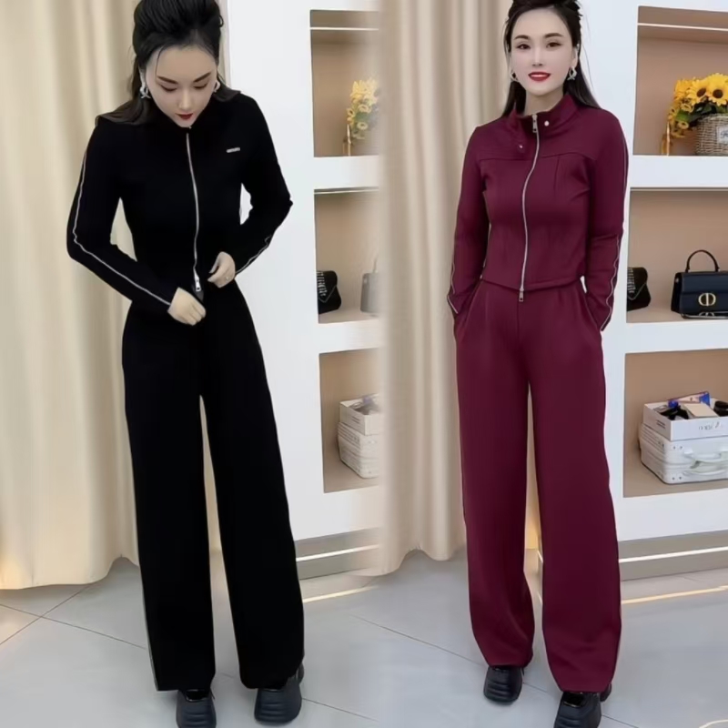 时尚休闲套装女显瘦阔腿裤高腰气质运动休闲女装长袖春秋长裤女潮