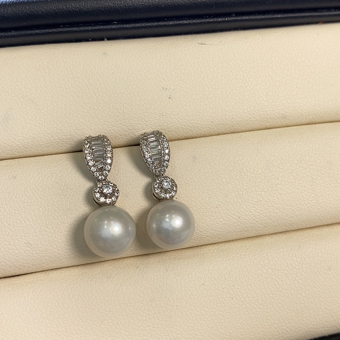 淡水珍珠耳饰银S925镶嵌微瑕9-10mm