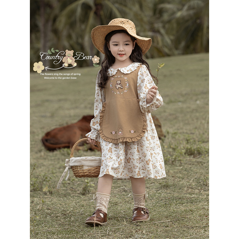 幼悠【田园小熊】春贰波春秋复古碎花长袖洋气百搭女童连衣裙 C3093