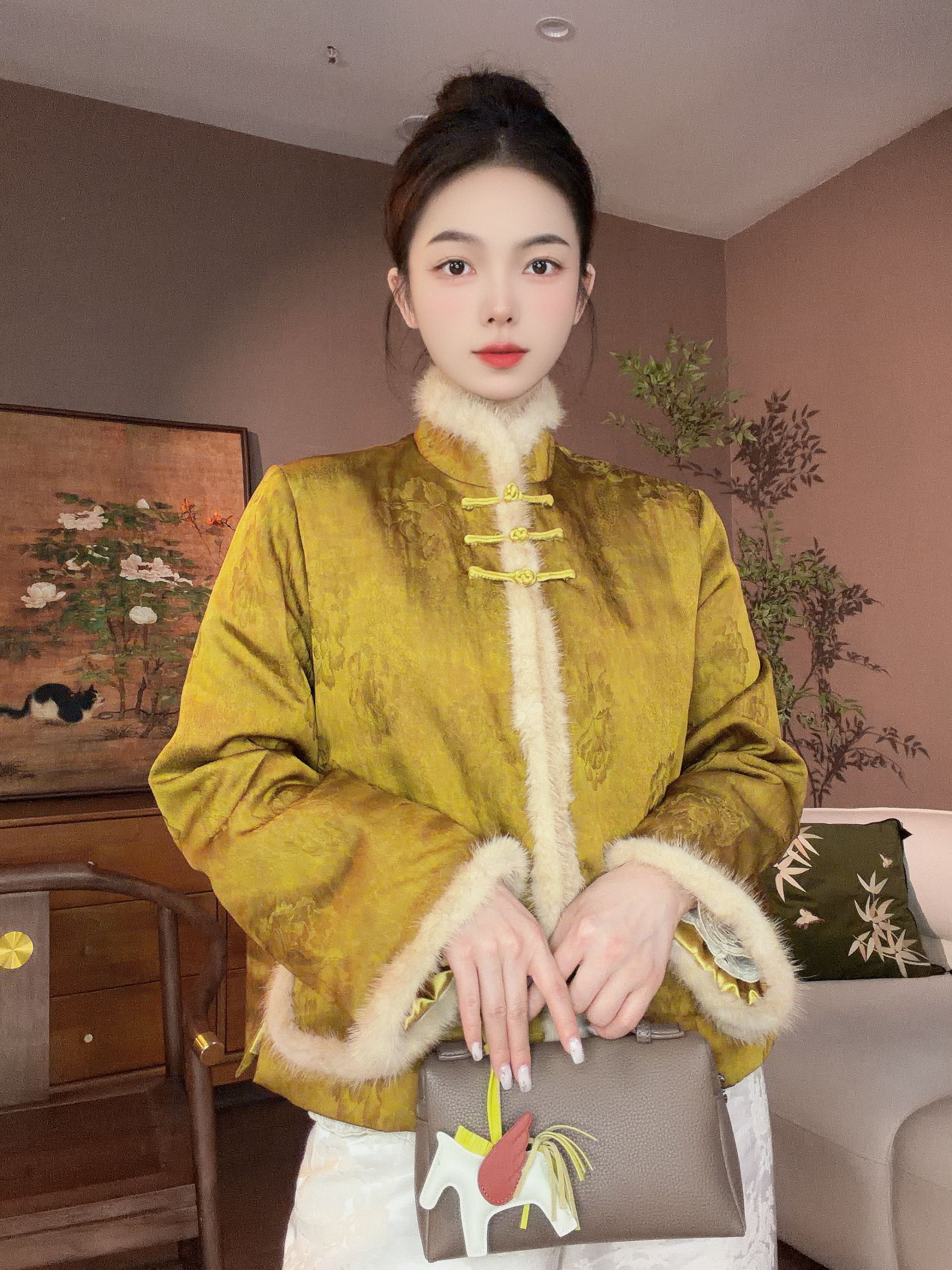 《ZUOMAN》Z1004观沧海 新中式桑蚕丝提花拼水貂毛高级感国风棉服