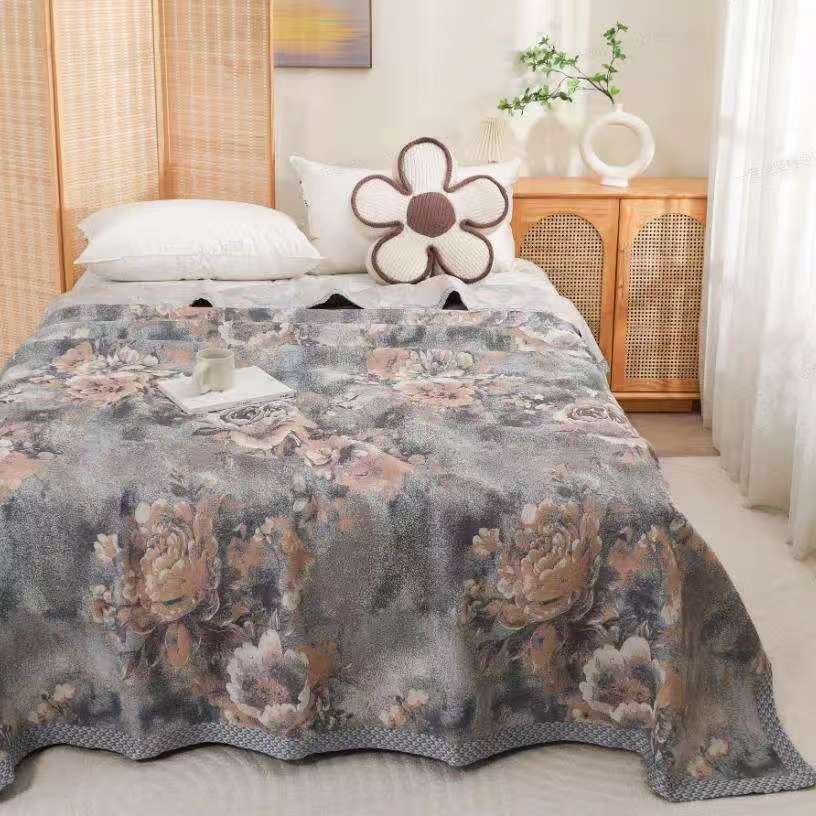 虫草雪莲养生纱布盖毯-水墨牡丹蓝 230*250