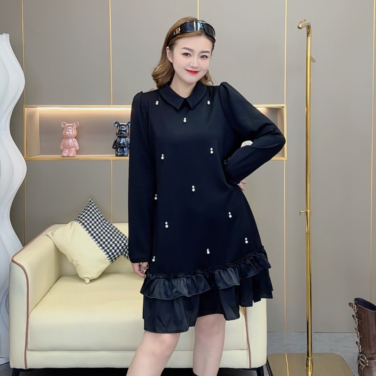 欧货时尚钉珠拼接连衣裙微胖大码遮肉爱美显瘦秋季长袖新款6008