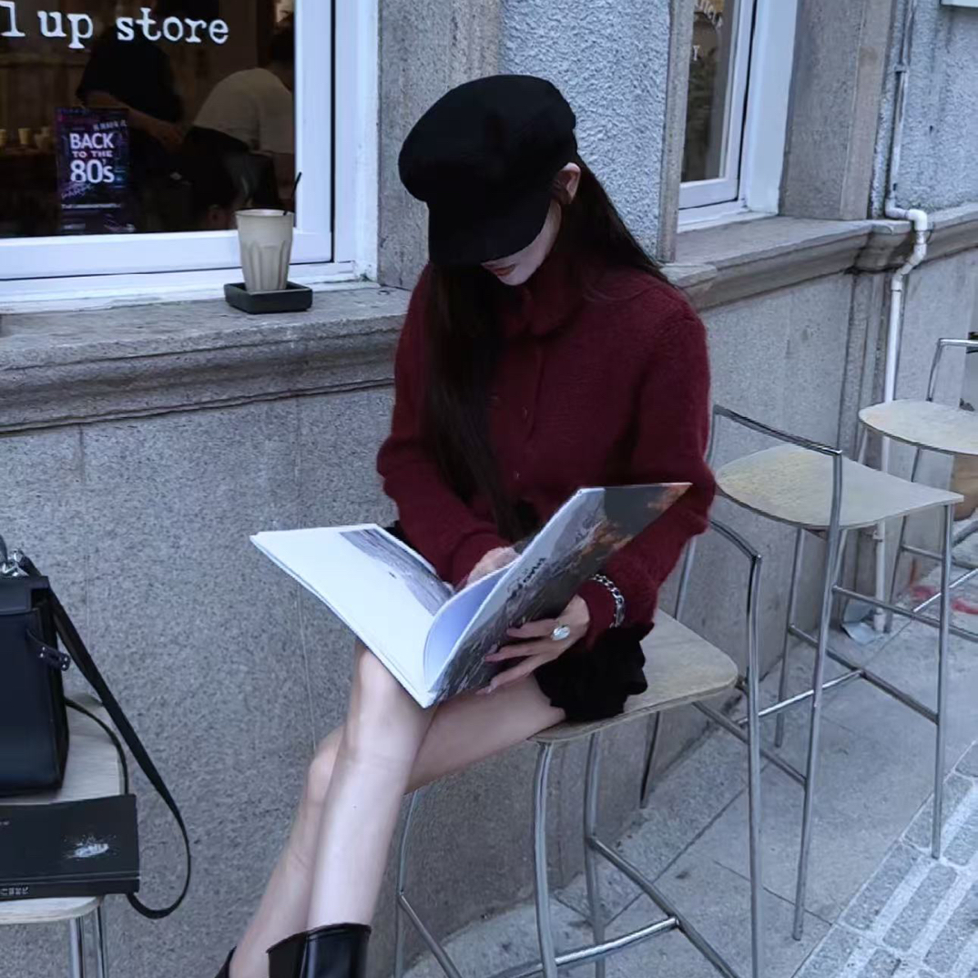 双排口高领开衫毛衣