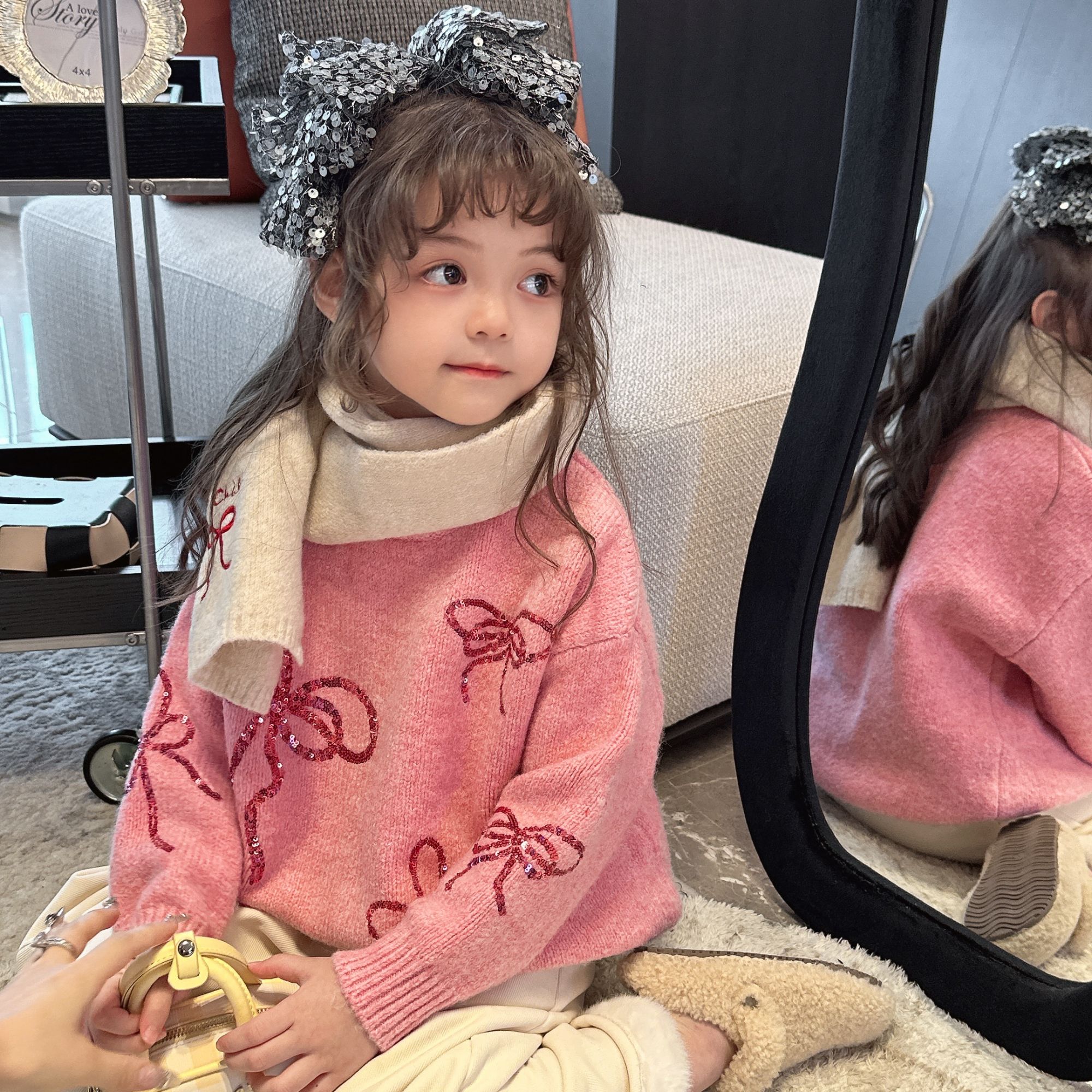 【馒头家】K【现货】蝴蝶结亮片毛衣女童秋冬甜美可爱休闲韩版上衣