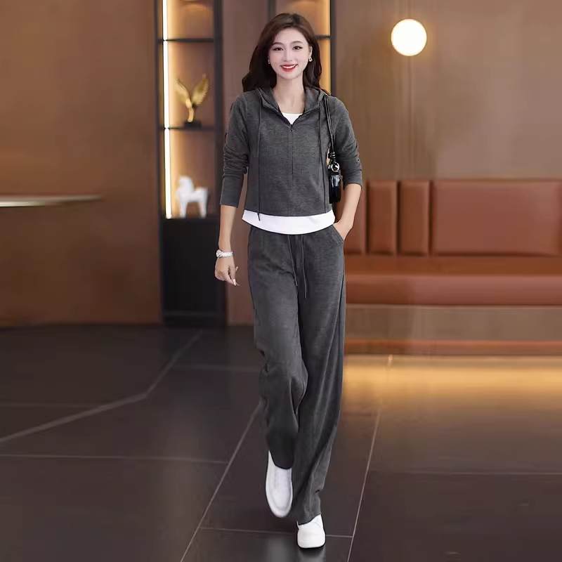 时尚休闲套装女2025秋季新款时髦洋气假两件连帽上衣阔腿裤两件套