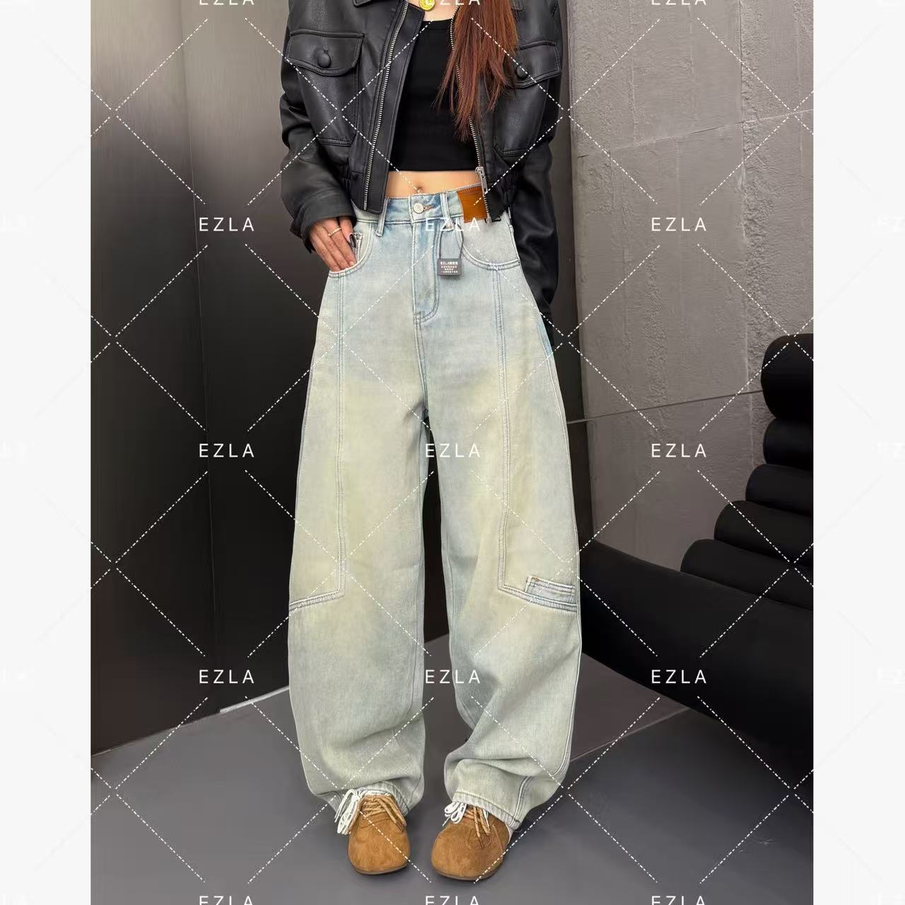 EZ8638-2秋冬加绒加厚新款百搭设计感显瘦高级无弹显瘦老爹堆堆裤