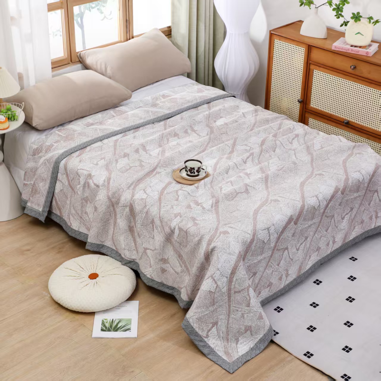 M【陌上桑田-咖】230*250cm长绒棉玉石母冰麻纤维加大床盖可机洗