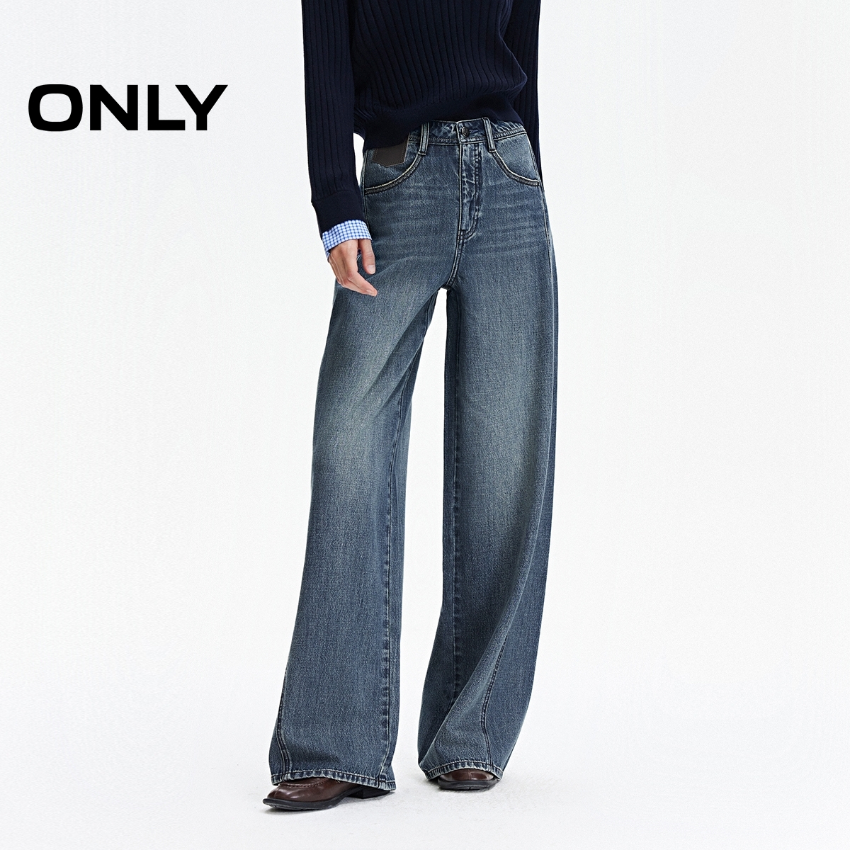 【广东夫妇专属】ONLY2025秋显瘦斜裁长裤直筒裤牛仔裤女|125332092