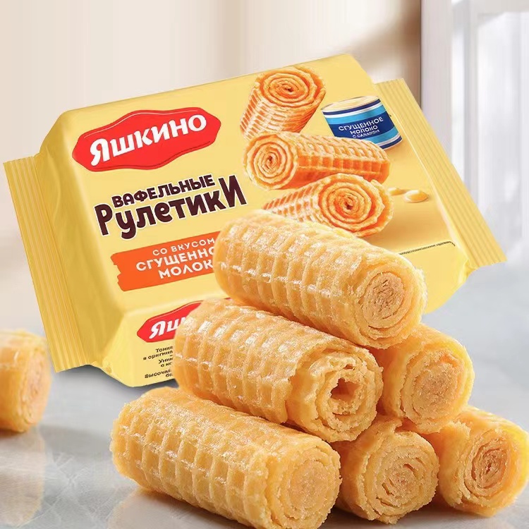 俄罗斯进口KDV牌炼乳味威化卷黄蛋卷香酥可口休闲零食160克/袋