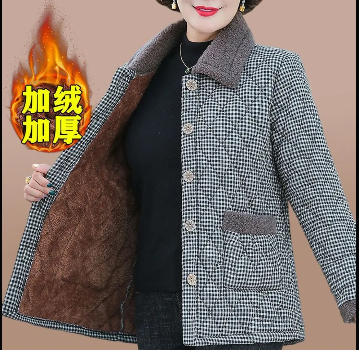 冬装新款时尚小格子加绒加厚宽松百搭外套大码妈妈装