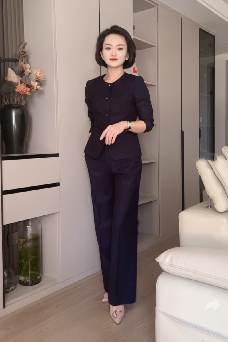 宝蓝色圆领长袖修身显瘦时尚职业直筒裤西装裤西装裙套装单件