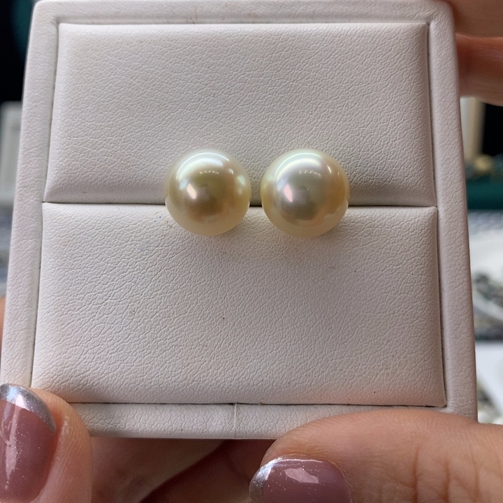 18K金镶嵌海水珍珠耳饰干枯金珠12-13m m