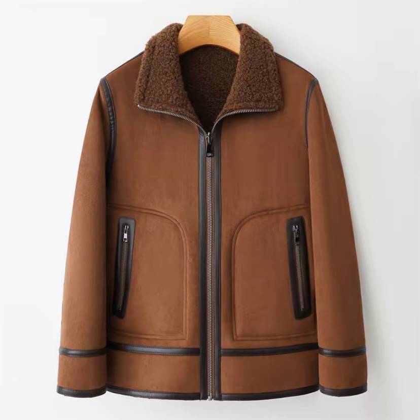 冬季厚款保暖防风羊毛一体夹克长袖简欧风纯色两面穿立翻领