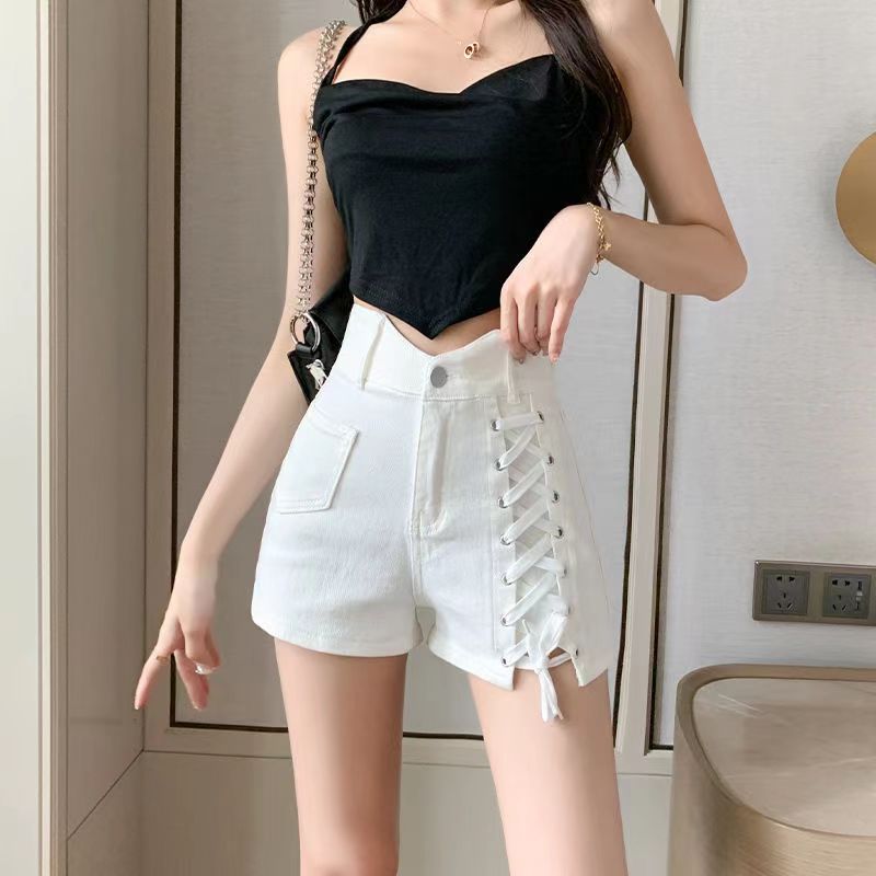 夏季短裤白色镂空高腰短裤微弹力薄款黑色高腰牛仔和（施）