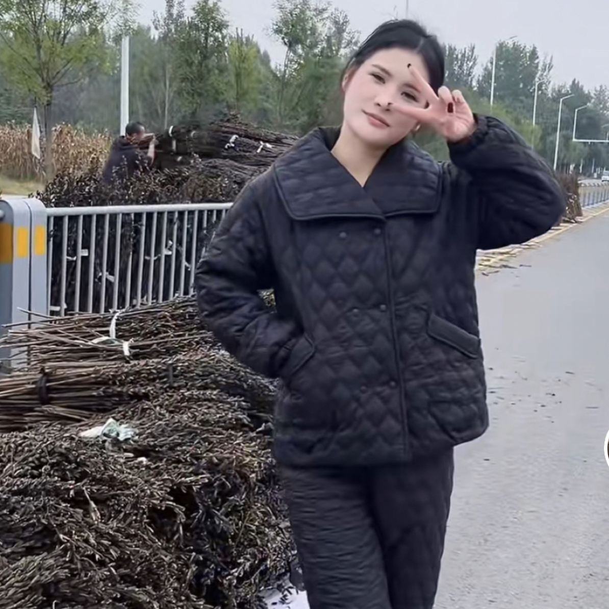 【视频同款】YR方领双排扣轻薄夹棉加绒外穿家居服秋冬加厚套装3320