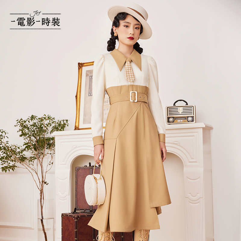 【蜜思仝】一电影一时装收腰显瘦腰封式拼色连衣裙气质FENL112564