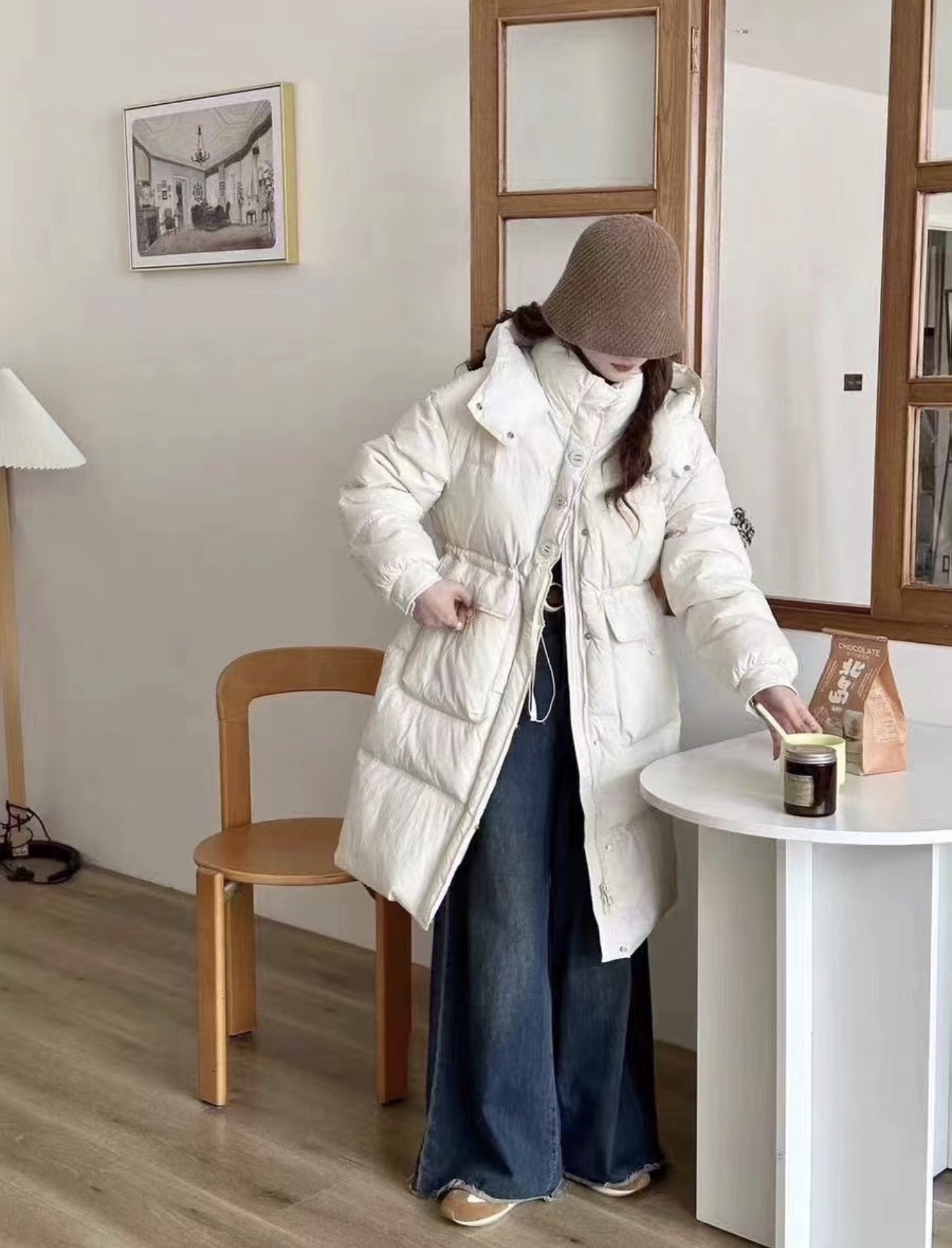 三扣长款白鸭绒羽绒服纯色百搭气质外套