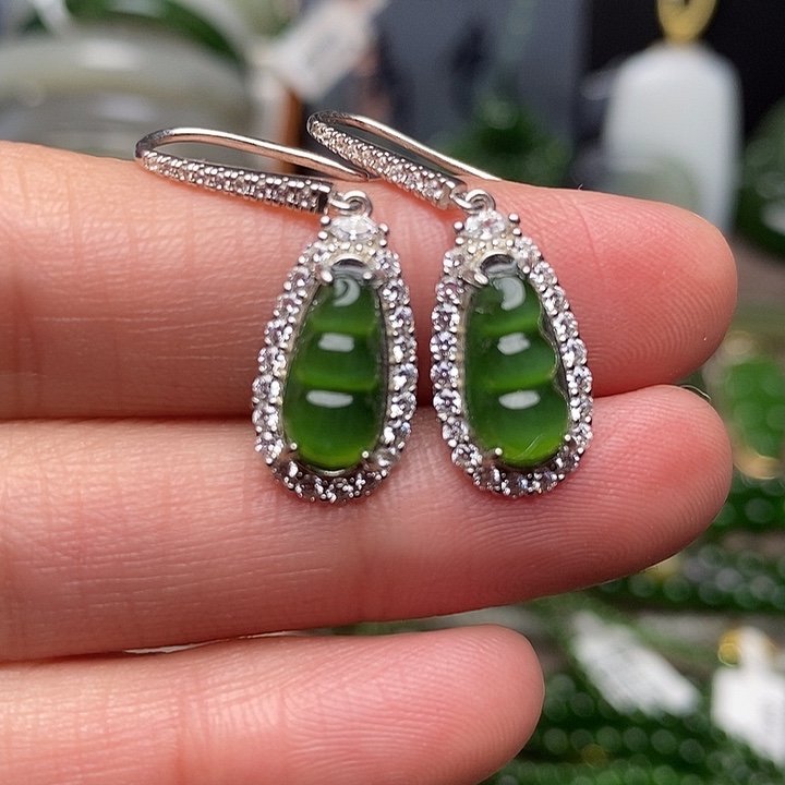 和田玉银S925镶嵌耳饰