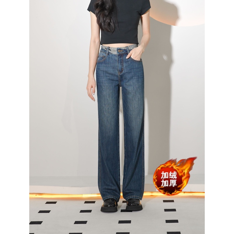 （加绒）2025秋冬新款拼接腰头潮流高腰阔腿直筒复古宽松时尚女牛仔