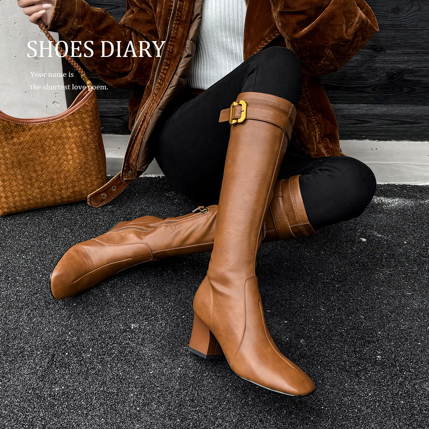 6.5cm方头粗跟不过膝长靴女2025新款小众皮带扣高跟弹力瘦瘦靴子