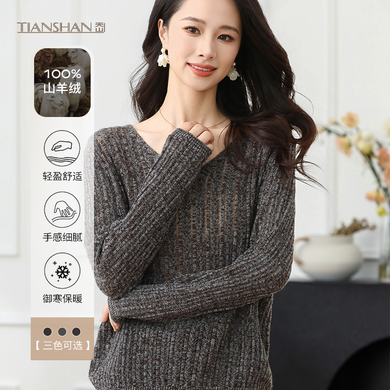 天山【100山羊绒】女士针织V领休闲时尚百搭套头款羊绒衫-YTNL5211T