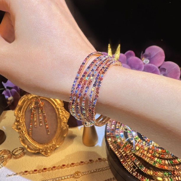 铜合金手镯 K589 单排弹力细手链2mm彩色锆石手镯欧美锆石网球链