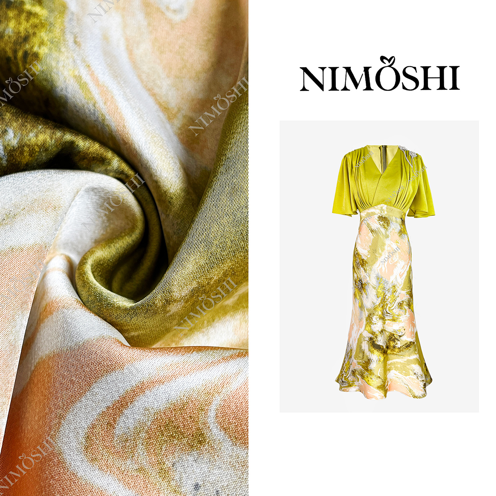 NIMOSHI莎莎夏季新款茶系重工钉珠鱼尾设计气质显瘦连衣裙Q1880