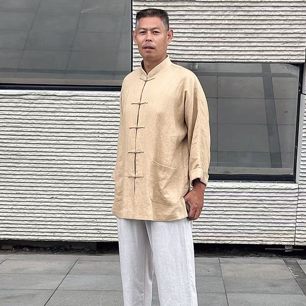 中国风立领盘扣衬衫太极服男秋季新中式长袖衬衣中山唐装外套卡其
