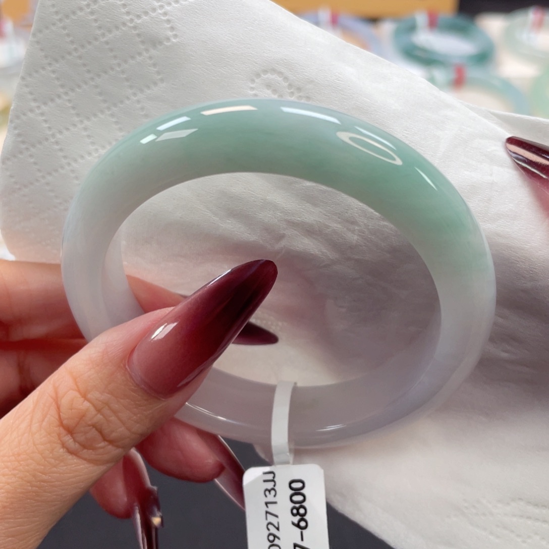 未镶嵌手镯翡翠62号54.7细糯化半山水湖水绿圈粉福利