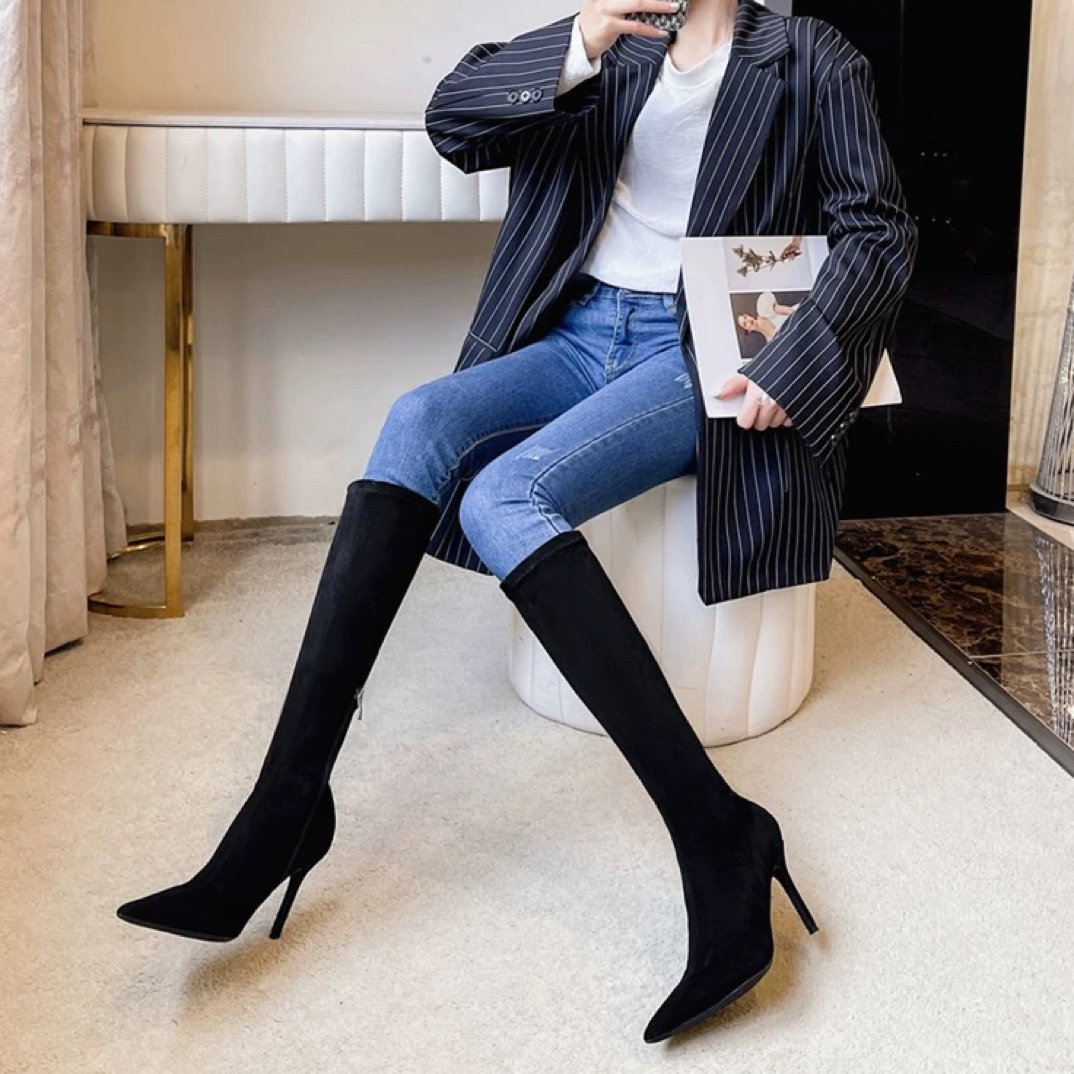 尖头高跟长靴女新款秋冬黑色绒面弹力显瘦过膝细跟拉链高筒瘦瘦靴