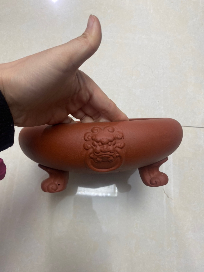 宜兴紫砂花盆红泥三足兽头兽脚圆盆