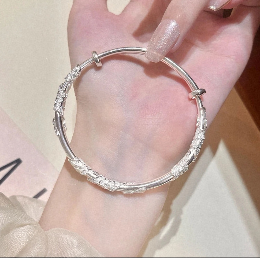 足银手镯 999手镯 繁花似锦手镯女实心