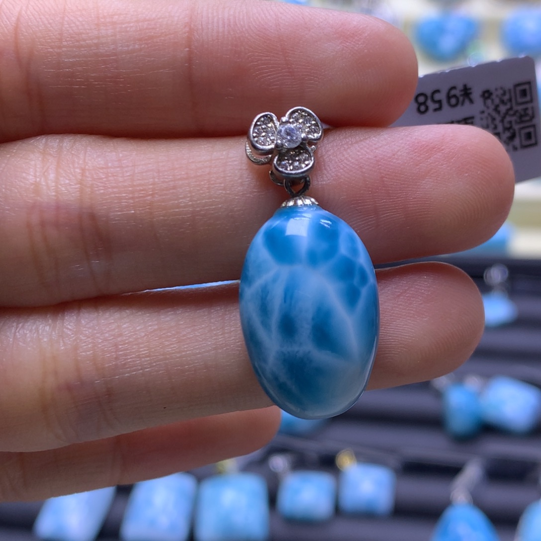 针钠钙石（海纹石）银S925镶嵌吊坠(不含链)蛋面吊坠色差略异