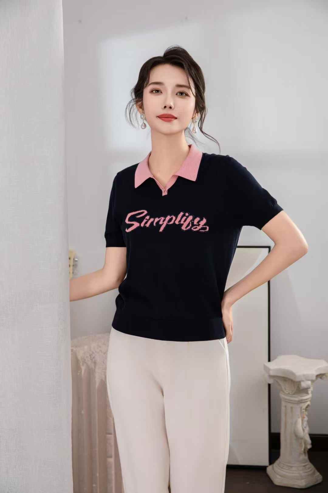 简约减龄纯色翻领女士短款上衣夏季时尚撞色休闲短袖套头针织衫