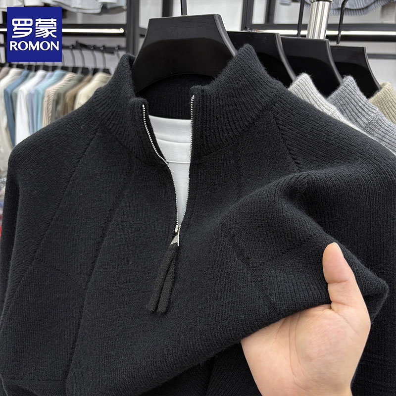 罗蒙男士秋冬季半高拉链针织毛衣复古提花针织衫纯色百搭休闲毛衣