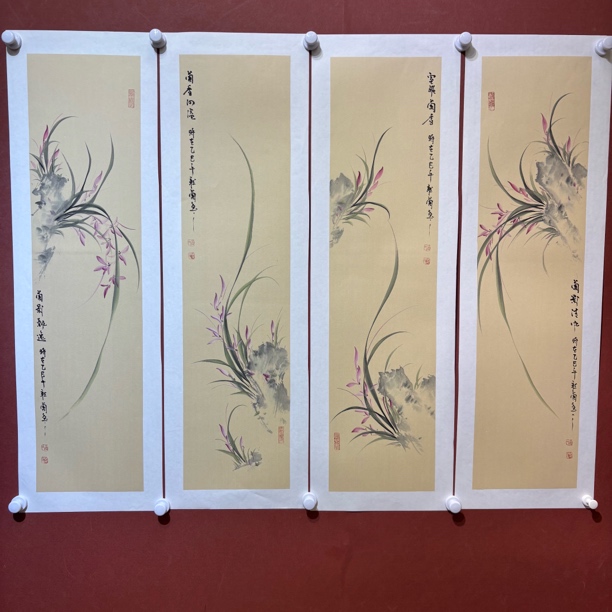 兰宝阁书画院三尺对开梅兰竹菊四条屏纯手绘国画画芯98:24