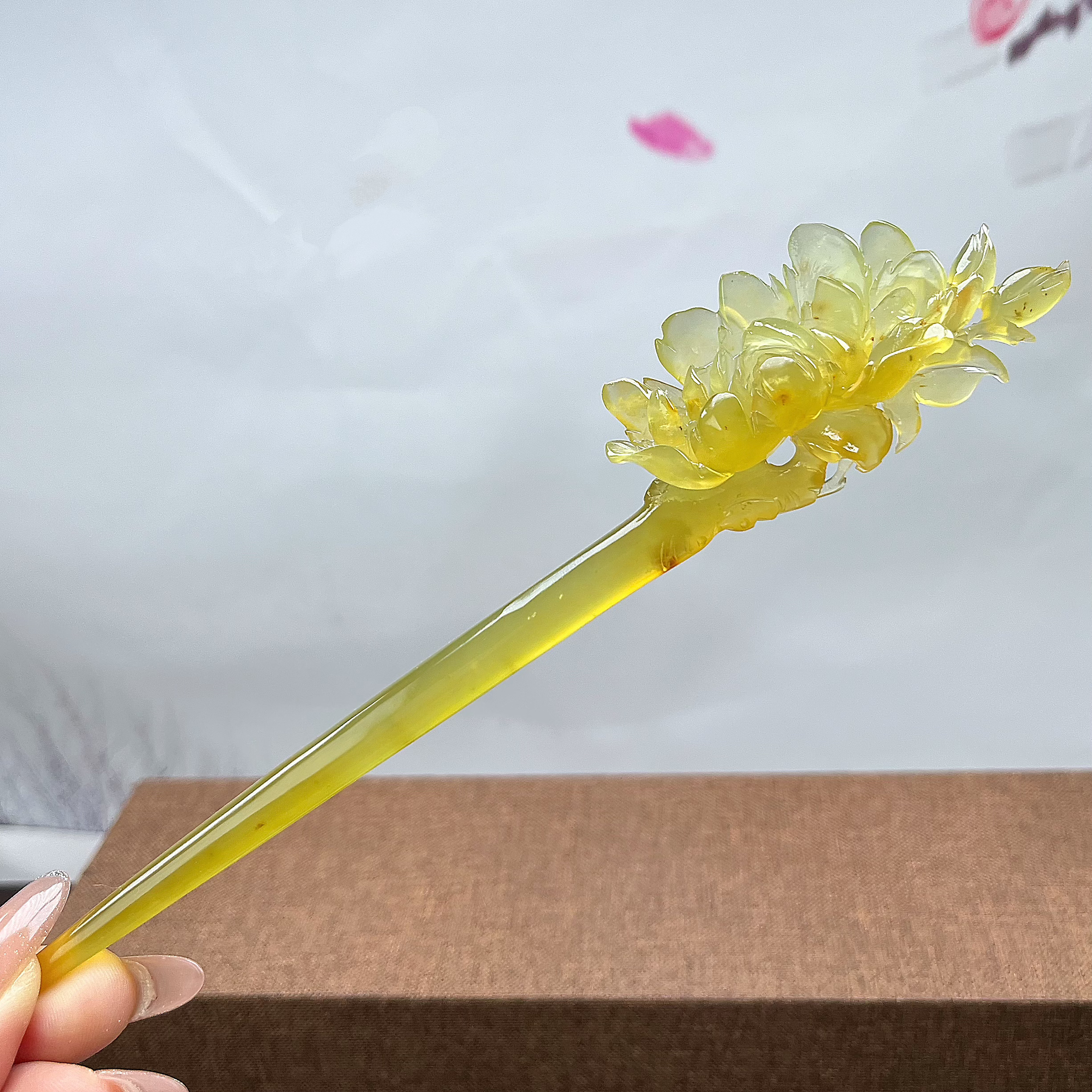岫玉高品质花玉牡丹发簪 整体长度19.5cm 入发长度12cm
