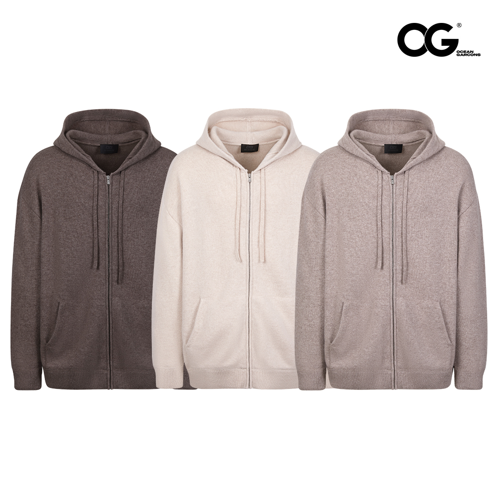 OGMADE BY OG高街休闲宽松净版康赛妮羊绒YKK拉链抽绳连帽帽衫男