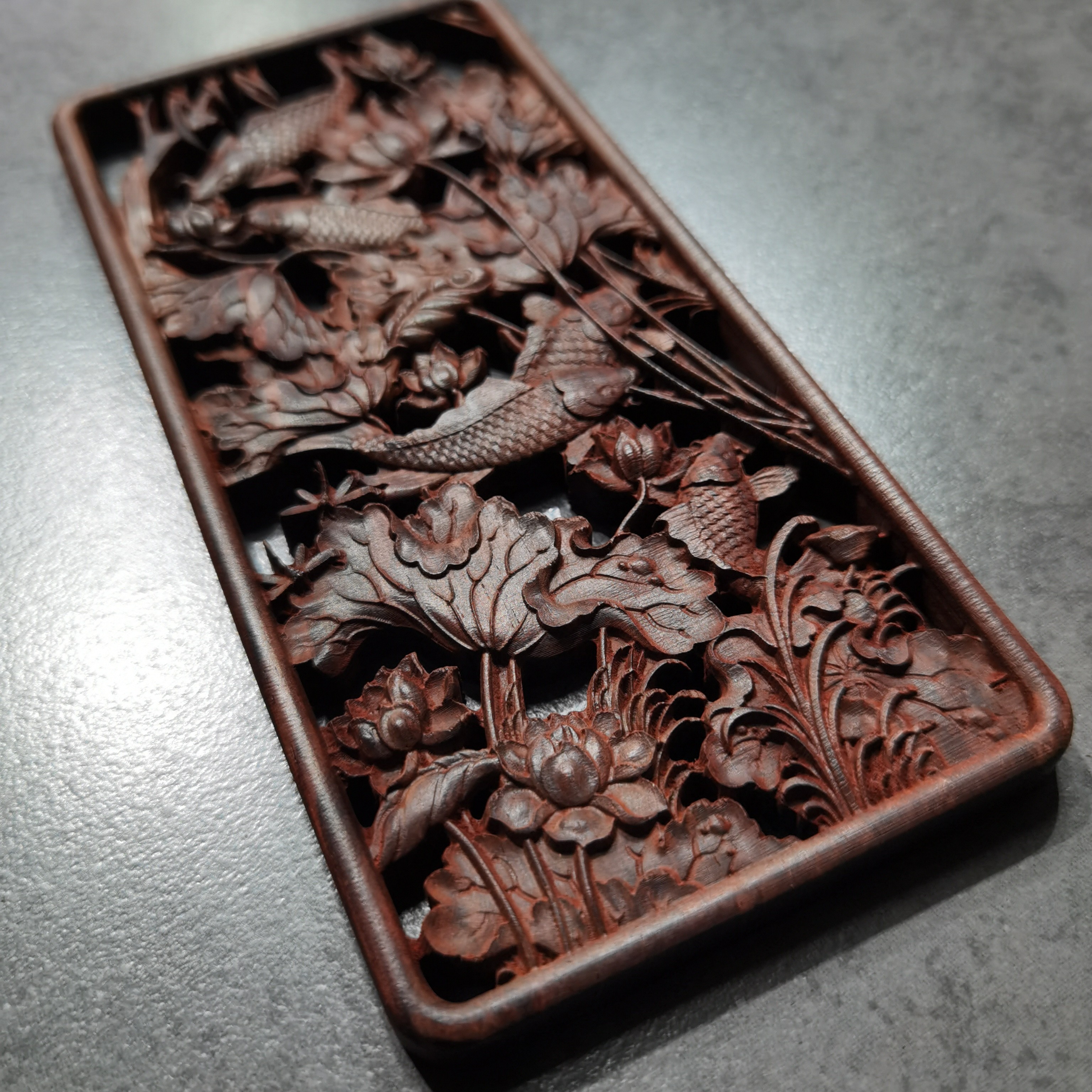 大红酸枝鲤鱼荷花雕刻家居墙面饰品一对小件