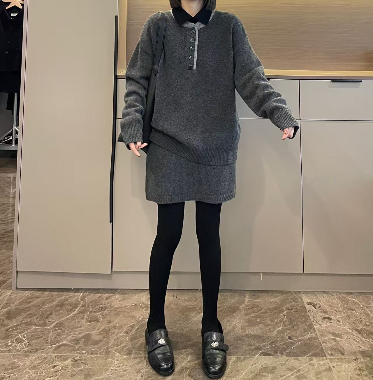 米可/MK-3308ZJ【假两件撞色毛衣+半裙套装】时尚冬季新款两件套