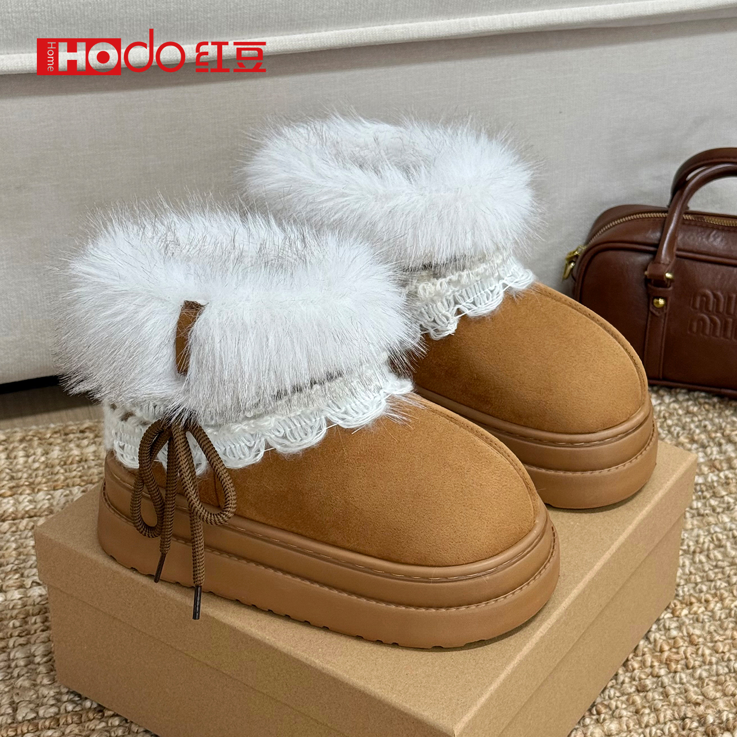 红豆费尔岛雪地棉鞋女款冬季百搭增高厚底加绒保暖毛毛短靴子外穿