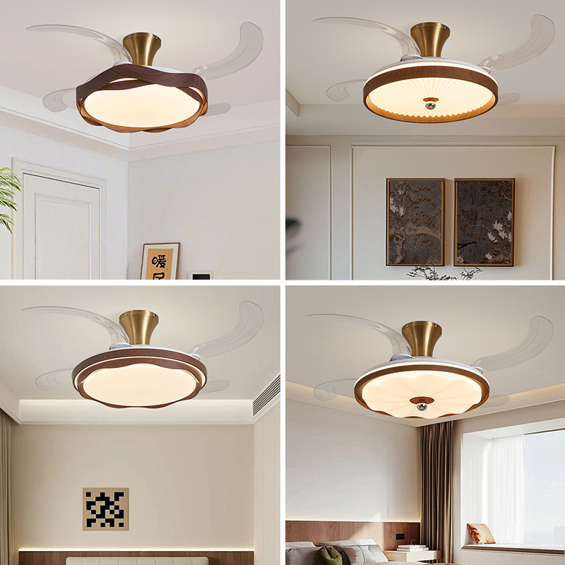 风扇灯隐形静音中古风餐厅卧室灯简约复古木纹色电扇灯一体吸顶灯