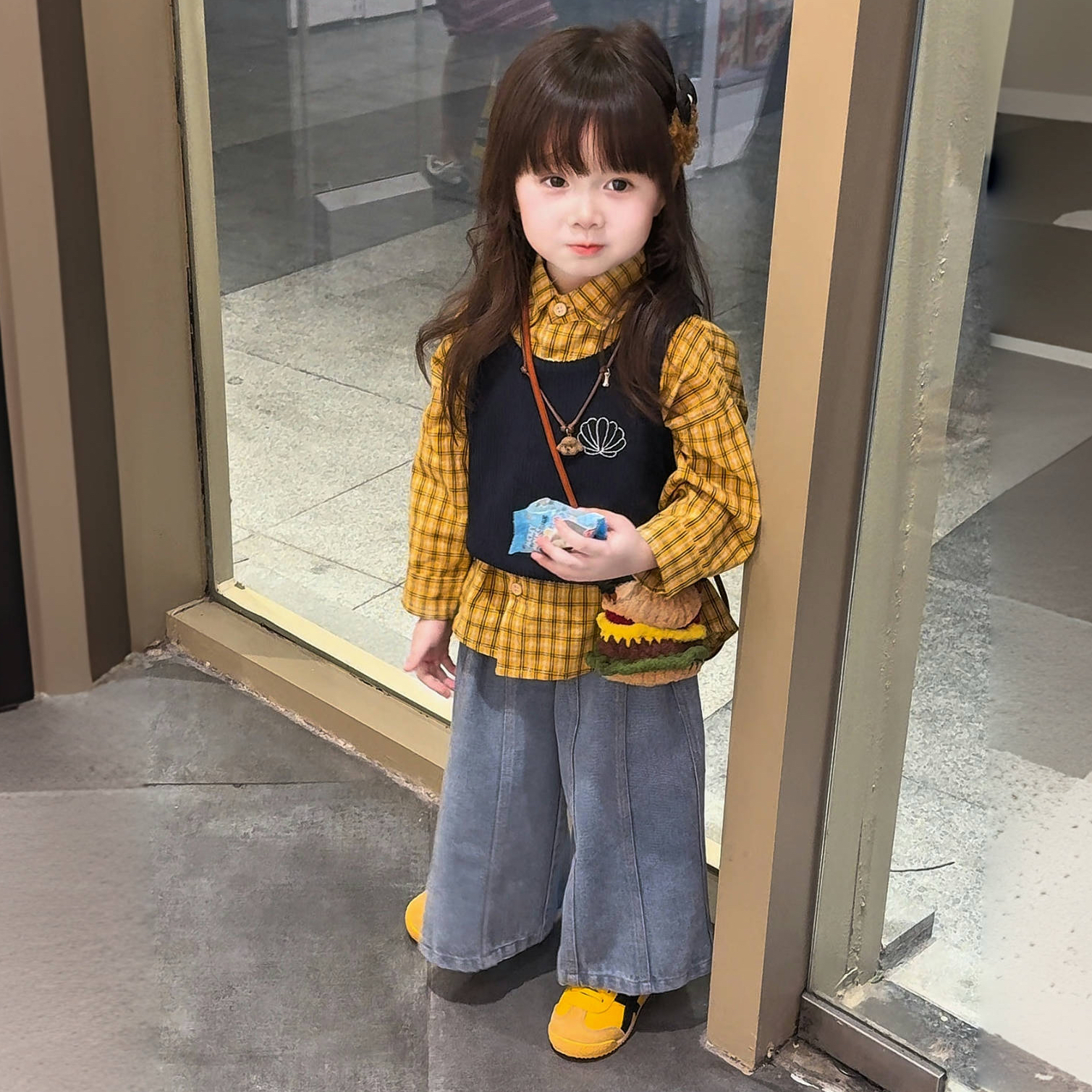 韩式风童装女童多巴胺穿搭套装秋装儿童衬衫针织马甲牛仔裤三件套