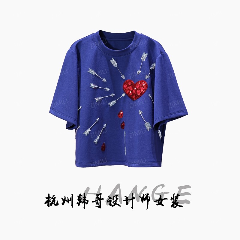 【韩哥女装】2025欧版《丘比特之箭》蓝花亮片爱心时尚短袖8068-C4