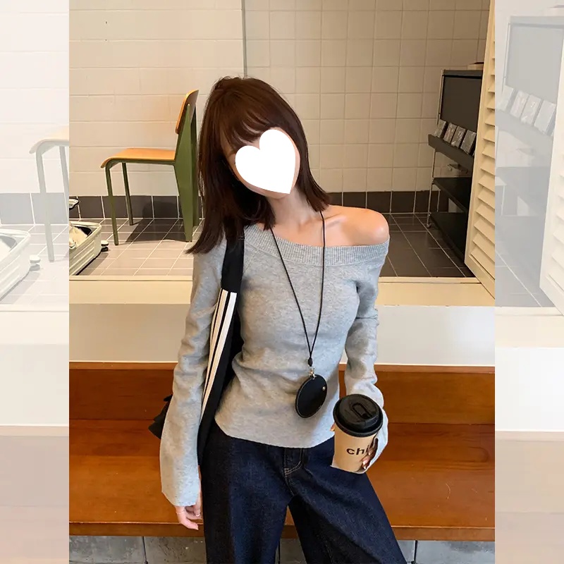 【现货】灰色简约露肩针织衫女2025秋季新款修身显瘦长袖辣妹上衣潮