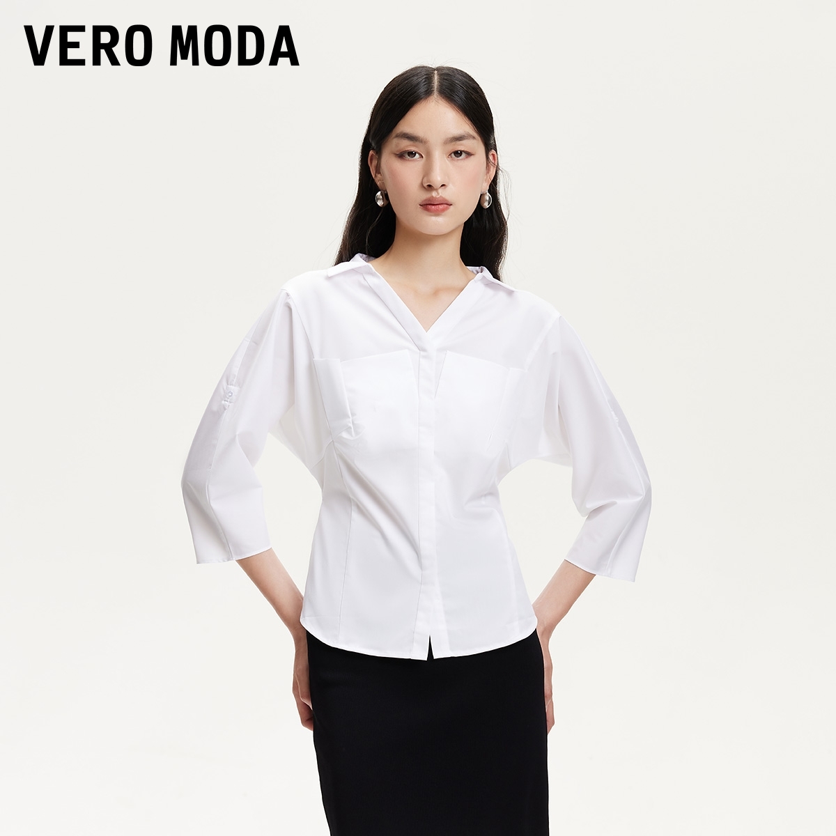 Vero Moda衬衫女2025秋季新款通勤收腰V领七分袖白衬衫325331012