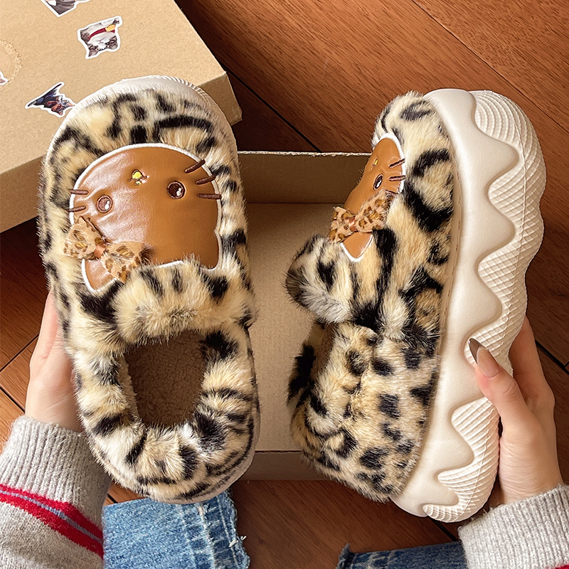 豹纹猫咪毛绒棉鞋女冬季保暖外穿厚底防滑包跟加绒可爱居家棉拖鞋
