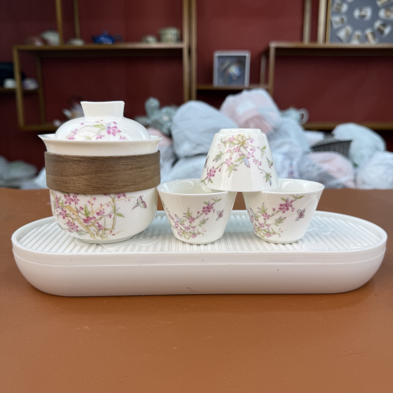 桃花朵朵一壶三杯旅行套（裸瓷）+白色椭圆茶盘+旅行包@@ZH3049